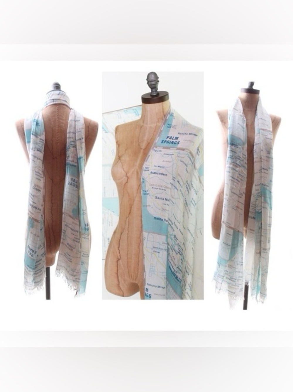 kate spade off the map West Coaat print lightweight scarf in aqua and white